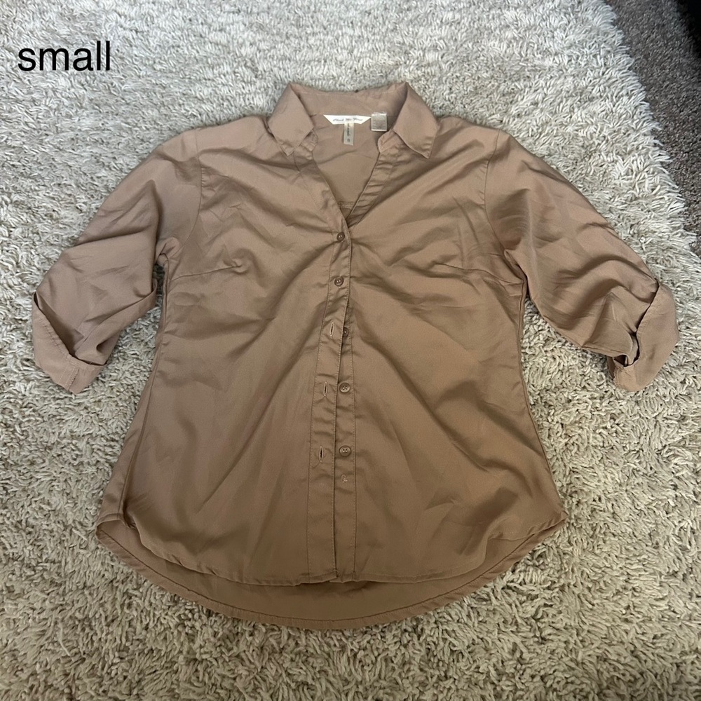 Women's Tan Button-Up Blouse Shirt